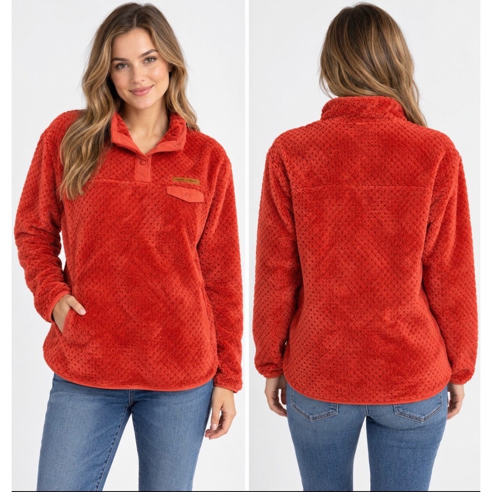 Simply Southern Sherpa Pullover Women's XL Rust Fleece Snap Neck Pocket Sweater